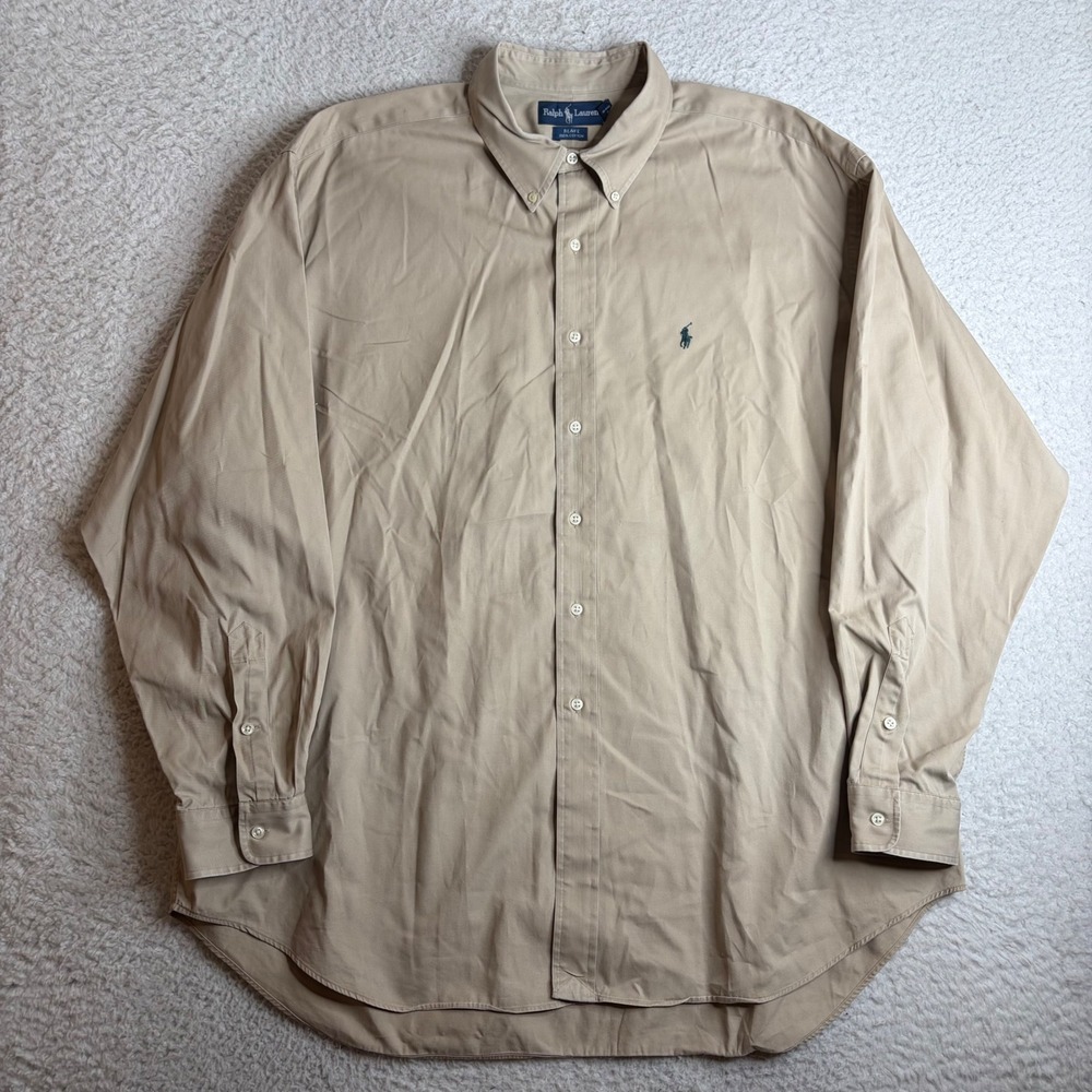 Ralph Lauren Blake Shirt Mens XXL Tan Khaki Cotton Long Sleeve Button Down Pony